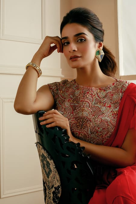 Shop_Nehha Nhata_Red Georgette Embroidery, Tassels Round Neck Draped Gharara Saree With Blouse _Online_at_Aza_Fashions