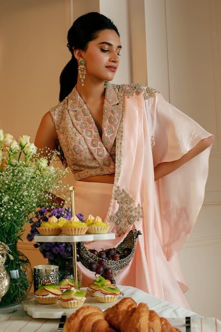 Shop_Nehha Nhata_Pink Silk Beads, Embroidery Cut-out Blazer Blouse And Slit Pant Set _Online_at_Aza_Fashions