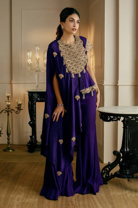 Nehha Nhata_Purple Silk, Georgette Embroidery Asymmetric Peplum Cape With Gharara _Online_at_Aza_Fashions