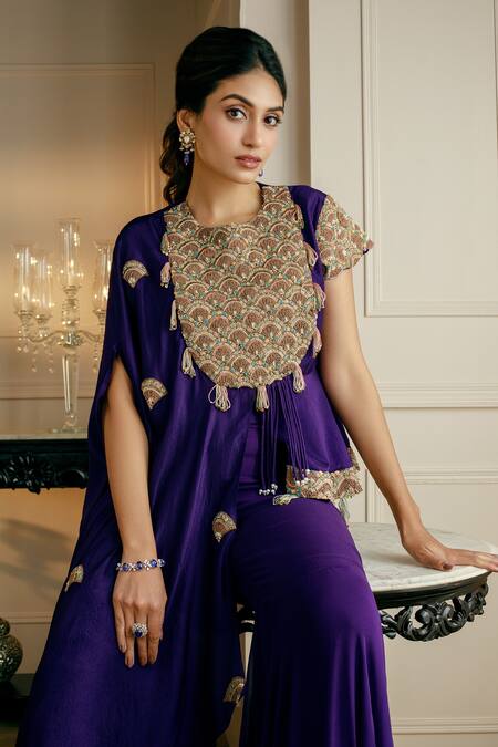 Buy_Nehha Nhata_Purple Silk, Georgette Embroidery Asymmetric Peplum Cape With Gharara _Online_at_Aza_Fashions