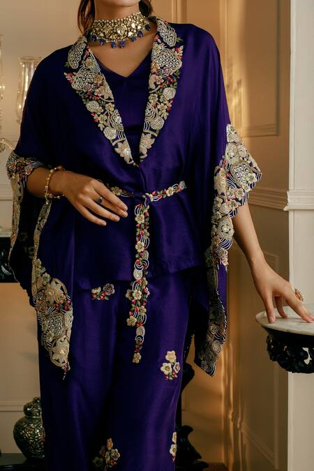 Nehha Nhata_Purple Silk Embroidery Collared Hand Kaftan And Pant Set _Online_at_Aza_Fashions