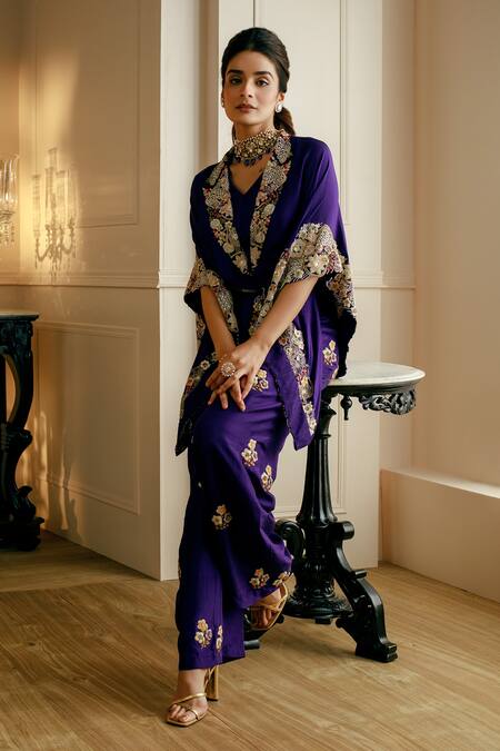 Buy_Nehha Nhata_Purple Silk Embroidery Collared Hand Kaftan And Pant Set _Online_at_Aza_Fashions