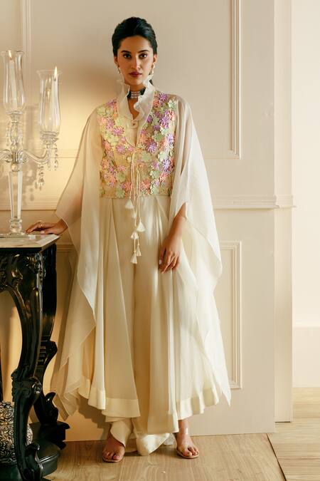 Nehha Nhata Off White Organza Embroidery High Neck 3d Floral Top And Asymmetric Pant Set Online at Aza Fashions Nehha Nhata_Off White Organza Embroidery High Neck 3d Floral Top And Asymmetric Pant Set _Online_at_Aza_Fashions