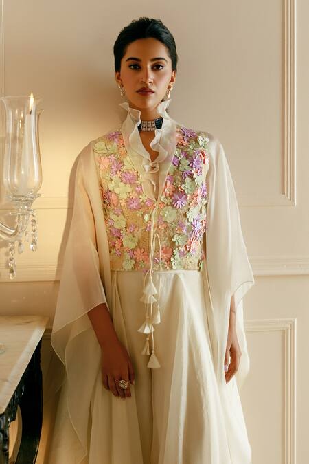 Shop Nehha Nhata Off White Organza Embroidery High Neck 3d Floral Top And Asymmetric Pant Set Online at Aza Fashions Shop_Nehha Nhata_Off White Organza Embroidery High Neck 3d Floral Top And Asymmetric Pant Set _Online_at_Aza_Fashions