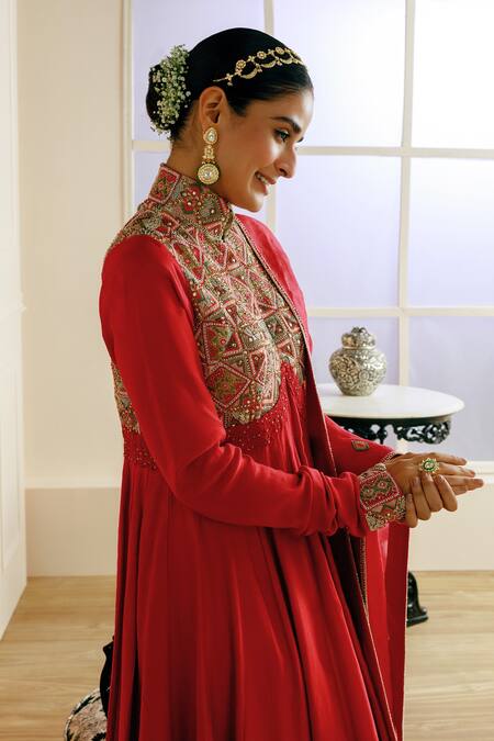 Nehha Nhata Red Chanderi, Organza Embroidery Bandeau Neck Silk Yoke Anarkali With Dupatta Online at Aza Fashions Nehha Nhata_Red Chanderi, Organza Embroidery Bandeau Neck Silk Yoke Anarkali With Dupatta _Online_at_Aza_Fashions