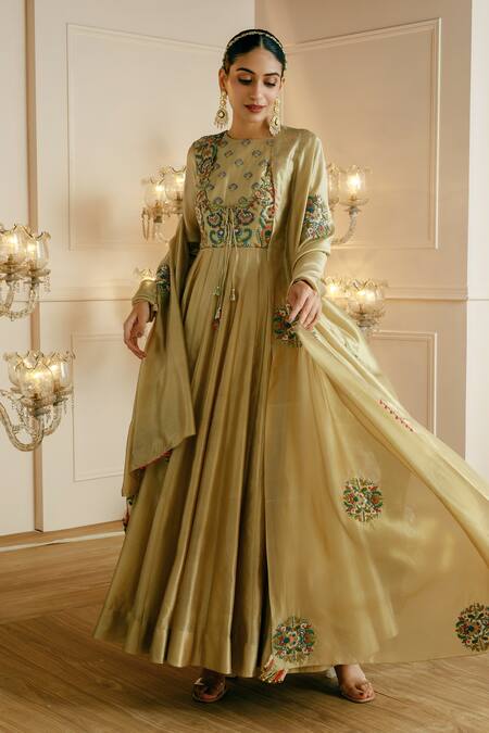 Nehha Nhata Gold Silk Embroidery, Tassels Round Neck Yoke Anarkali With Dupatta Online at Aza Fashions Nehha Nhata_Gold Silk Embroidery, Tassels Round Neck Yoke Anarkali With Dupatta _Online_at_Aza_Fashions
