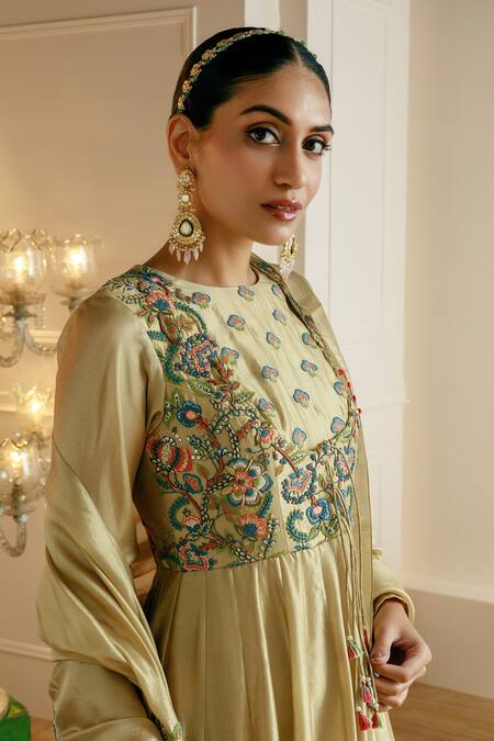 Buy Nehha Nhata Gold Silk Embroidery, Tassels Round Neck Yoke Anarkali With Dupatta Online at Aza Fashions Buy_Nehha Nhata_Gold Silk Embroidery, Tassels Round Neck Yoke Anarkali With Dupatta _Online_at_Aza_Fashions