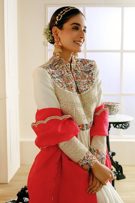 Shop Nehha Nhata Off White Chanderi, Organza Embroidery Bandeau Neck Anarkali With Dupatta Online at Aza Fashions Shop_Nehha Nhata_Off White Chanderi, Organza Embroidery Bandeau Neck Anarkali With Dupatta _Online_at_Aza_Fashions