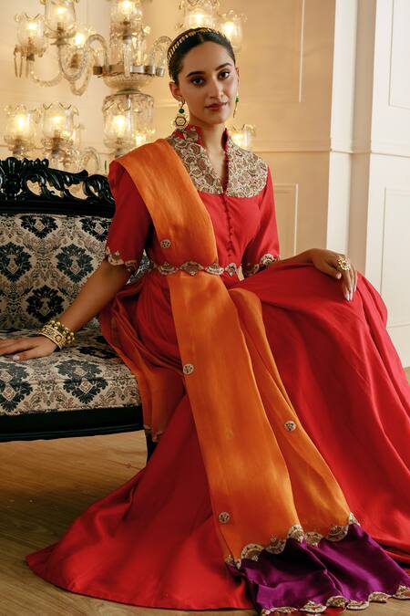 Nehha Nhata_Red Chanderi, Organza Embroidery, Cut Anarkali With Contrast Color Block Dupatta _Online_at_Aza_Fashions