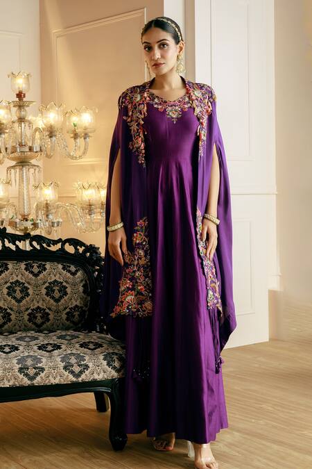 Nehha Nhata_Purple Chanderi Tassels V-neck Anarkali With Embroidered Cape _Online_at_Aza_Fashions