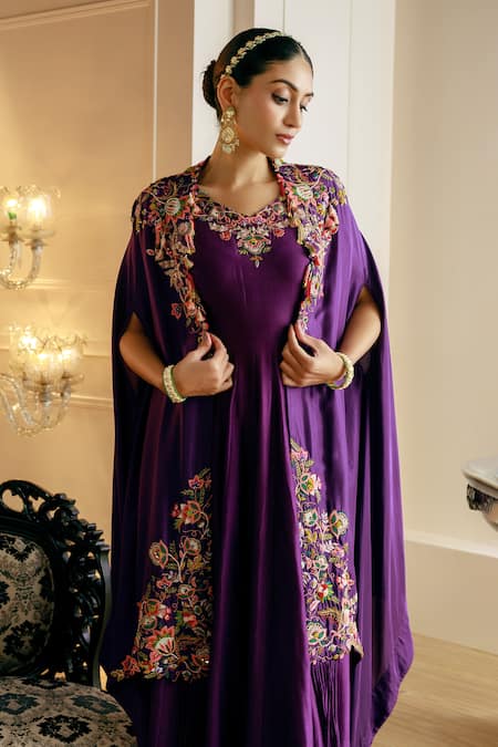 Buy_Nehha Nhata_Purple Chanderi Tassels V-neck Anarkali With Embroidered Cape _Online_at_Aza_Fashions