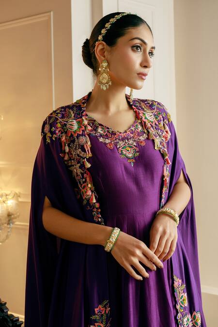 Shop_Nehha Nhata_Purple Chanderi Tassels V-neck Anarkali With Embroidered Cape _Online_at_Aza_Fashions