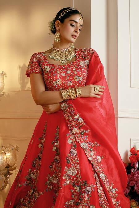 Buy_Nehha Nhata_Red Organza Embroidery Square Neck Floral Thread Bridal Lehenga Set _Online_at_Aza_Fashions