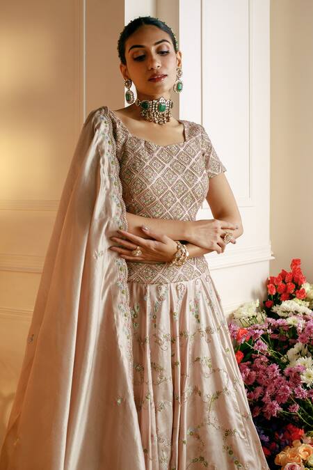 Nehha Nhata_Beige Silk Embroidery Square Neck Hand Bridal Lehenga Set _Online_at_Aza_Fashions