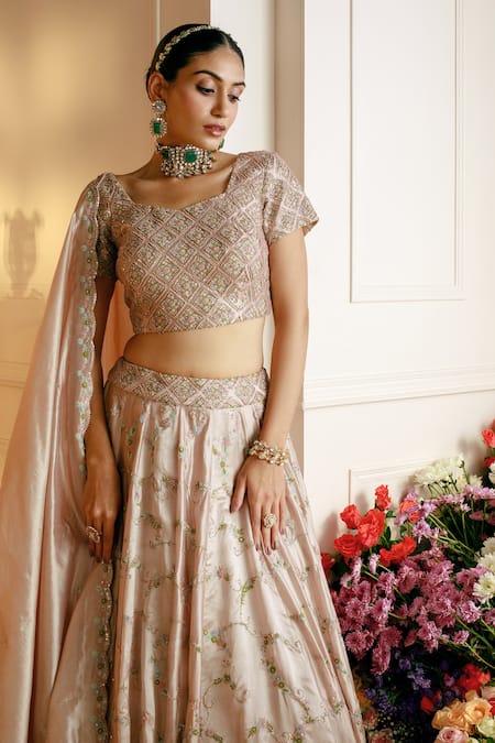 Buy_Nehha Nhata_Beige Silk Embroidery Square Neck Hand Bridal Lehenga Set _Online_at_Aza_Fashions