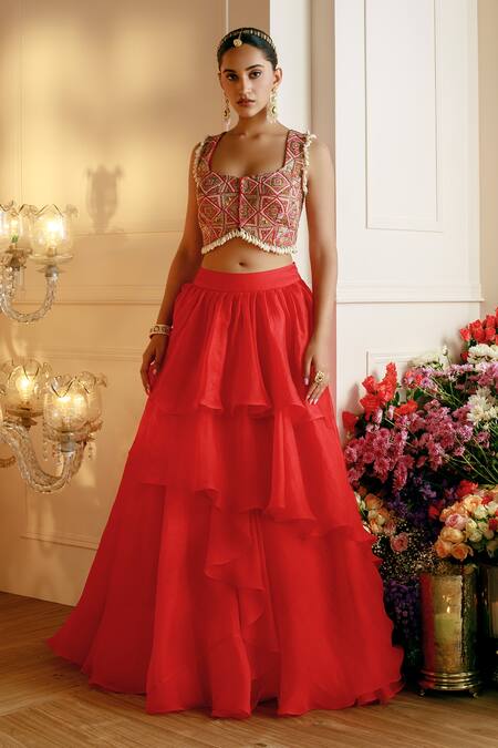 Nehha Nhata_Red Organza, Silk Tassels Square Layered Lehenga With Hand Embroidered Blouse _Online_at_Aza_Fashions