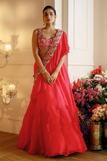 Nehha Nhata Red Silk, Organza, Georgette Ruffles, Embroidery, Lehenga Set With Sash Online at Aza Fashions Nehha Nhata_Red Silk, Organza, Georgette Ruffles, Embroidery, Lehenga Set With Sash _Online_at_Aza_Fashions