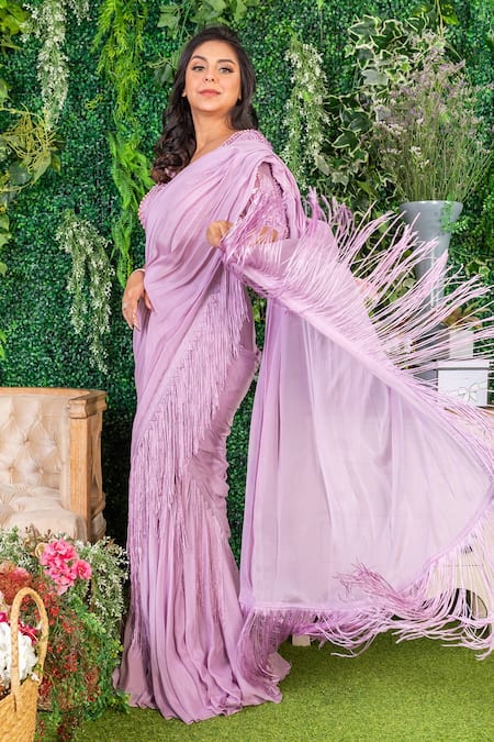 Ohaila Khan_Purple Chiffon, Tulle Aanam Border Embroidered Pre-draped Saree With Blouse _Online_at_Aza_Fashions