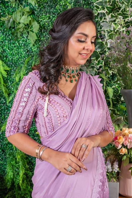 Buy_Ohaila Khan_Purple Chiffon, Tulle Aanam Border Embroidered Pre-draped Saree With Blouse _Online_at_Aza_Fashions