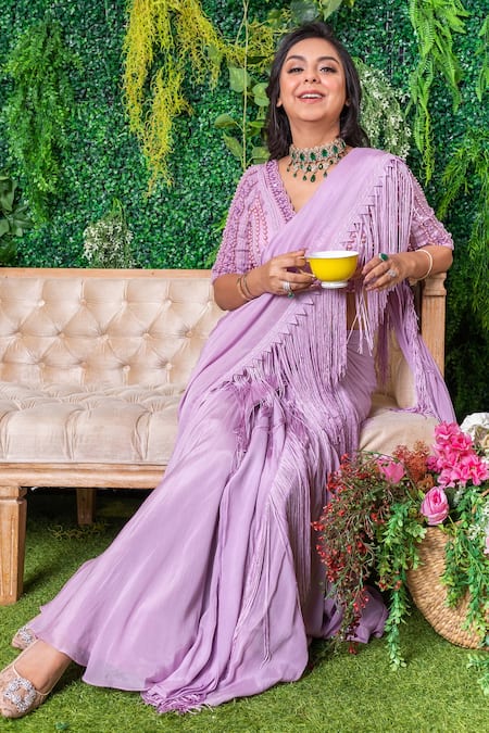 Shop_Ohaila Khan_Purple Chiffon, Tulle Aanam Border Embroidered Pre-draped Saree With Blouse _Online_at_Aza_Fashions