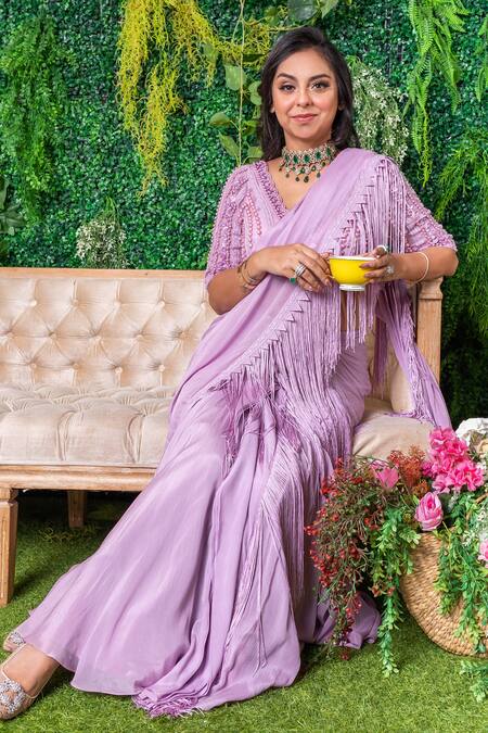 Ohaila Khan_Purple Chiffon, Tulle Aanam Border Embroidered Pre-draped Saree With Blouse _at_Aza_Fashions