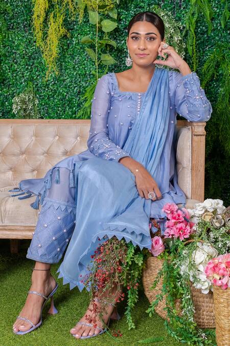 Ohaila Khan_Blue Chanderi Lace, Pearls, Smocking Square Trisha Embroidered Anarkali Set _Online_at_Aza_Fashions