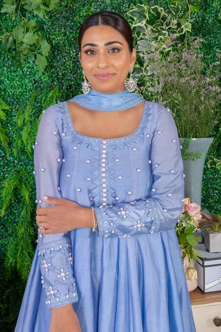 Buy_Ohaila Khan_Blue Chanderi Lace, Pearls, Smocking Square Trisha Embroidered Anarkali Set _Online_at_Aza_Fashions