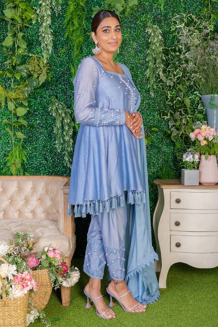 Shop_Ohaila Khan_Blue Chanderi Lace, Pearls, Smocking Square Trisha Embroidered Anarkali Set _Online_at_Aza_Fashions