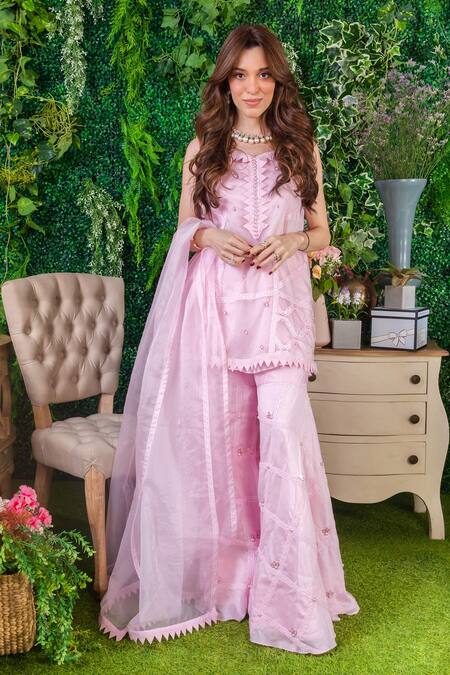 Ohaila Khan_Pink Chanderi, Organza, Crepe Maia Geometric Embroidered Kurta Sharara Set _Online_at_Aza_Fashions