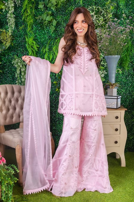 Buy_Ohaila Khan_Pink Chanderi, Organza, Crepe Maia Geometric Embroidered Kurta Sharara Set _Online_at_Aza_Fashions