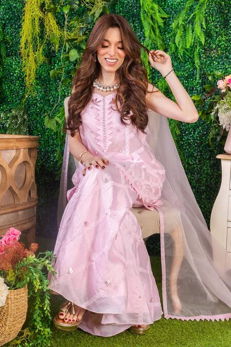 Shop_Ohaila Khan_Pink Chanderi, Organza, Crepe Maia Geometric Embroidered Kurta Sharara Set _Online_at_Aza_Fashions