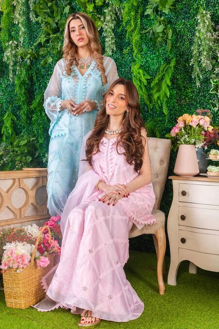 Ohaila Khan_Pink Chanderi, Organza, Crepe Maia Geometric Embroidered Kurta Sharara Set _at_Aza_Fashions