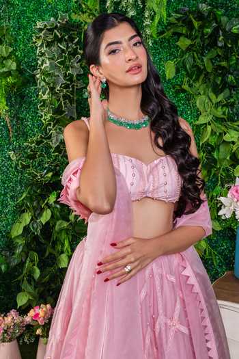 Ohaila Khan Pink Organza, Crepe Lace, Pearls, Smocking Hanna Embroidered Lehenga Set at Aza Fashions Ohaila Khan_Pink Organza, Crepe Lace, Pearls, Smocking Hanna Embroidered Lehenga Set _at_Aza_Fashions