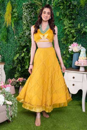 Ohaila Khan_Yellow Organza, Crepe Fringe, Pearls Aadhunika Embroidered Lehenga And Blouse Set _Online_at_Aza_Fashions