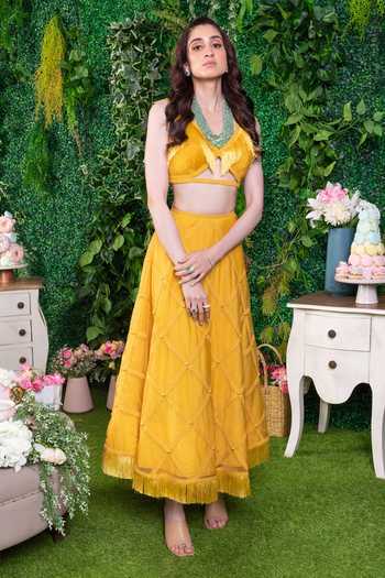 Buy_Ohaila Khan_Yellow Organza, Crepe Fringe, Pearls Aadhunika Embroidered Lehenga And Blouse Set _Online_at_Aza_Fashions