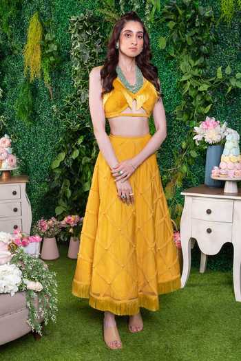 Shop_Ohaila Khan_Yellow Organza, Crepe Fringe, Pearls Aadhunika Embroidered Lehenga And Blouse Set _Online_at_Aza_Fashions