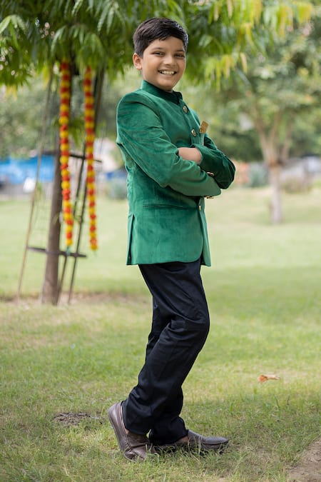 Buy Kids Lane Green Velvet, Cotton Embroidery Mandarin Collar Bandhgala Set Online at Aza Fashions Buy_Kids Lane_Green Velvet, Cotton Embroidery Mandarin Collar Bandhgala Set_Online_at_Aza_Fashions