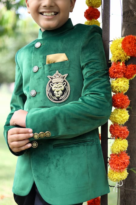 Shop_Kids Lane_Green Velvet, Cotton Embroidery Mandarin Collar Bandhgala Set_Online_at_Aza_Fashions
