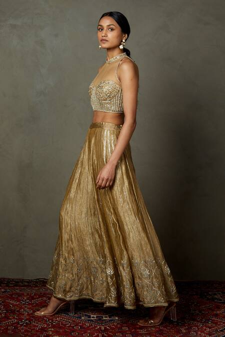 RI.Ritu Kumar Gold Blouse Silk And Viscose Embroidered Zardozi Rohira With Palazzo Online at Aza Fashions RI.Ritu Kumar_Gold Blouse Silk And Viscose Embroidered Zardozi Rohira With Palazzo _Online_at_Aza_Fashions