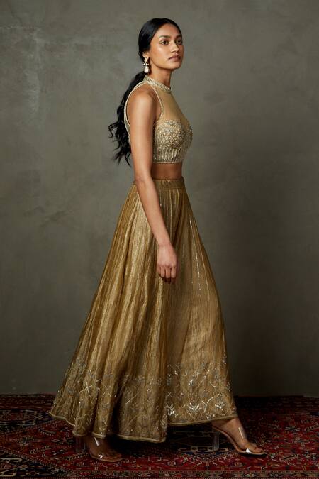Buy RI.Ritu Kumar Gold Blouse Silk And Viscose Embroidered Zardozi Rohira With Palazzo Online at Aza Fashions Buy_RI.Ritu Kumar_Gold Blouse Silk And Viscose Embroidered Zardozi Rohira With Palazzo _Online_at_Aza_Fashions