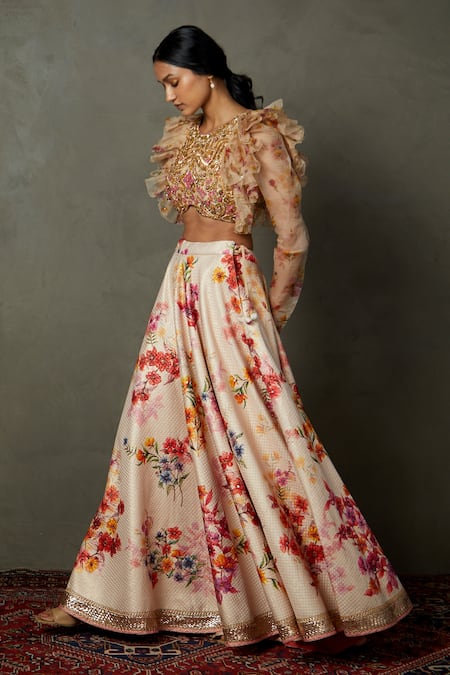 RI.Ritu Kumar Off White Viscose, Silk Embroidery Round Floral Zardozi Blouse And Lehenga Set Online at Aza Fashions RI.Ritu Kumar_Off White Viscose, Silk Embroidery Round Floral Zardozi Blouse And Lehenga Set _Online_at_Aza_Fashions