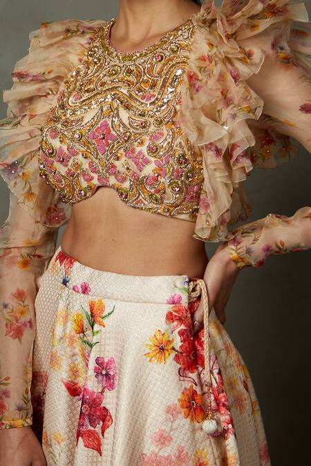 Shop RI.Ritu Kumar Off White Viscose, Silk Embroidery Round Floral Zardozi Blouse And Lehenga Set Online at Aza Fashions Shop_RI.Ritu Kumar_Off White Viscose, Silk Embroidery Round Floral Zardozi Blouse And Lehenga Set _Online_at_Aza_Fashions
