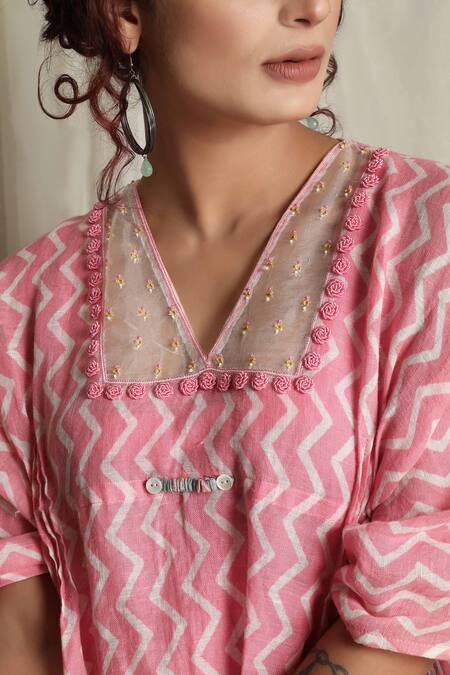 Buy_Falguni.Foram_Pink Gingham, Linen Tassels, Embroidery V-neck Chevron Print Kaftan Dress _Online_at_Aza_Fashions