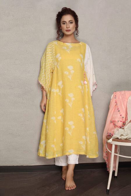 Falguni.Foram_Yellow Linen Tassels Boat Neck Floral Print Gathered Kaftan Dress_Online_at_Aza_Fashions