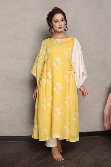 Buy_Falguni.Foram_Yellow Linen Tassels Boat Neck Floral Print Gathered Kaftan Dress_Online_at_Aza_Fashions