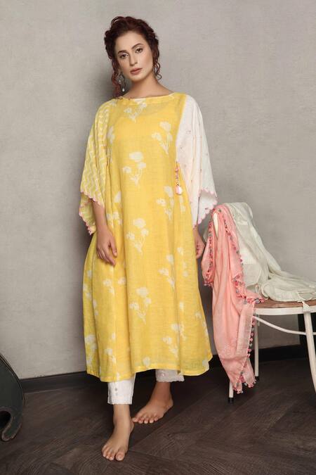 Shop_Falguni.Foram_Yellow Linen Tassels Boat Neck Floral Print Gathered Kaftan Dress_Online_at_Aza_Fashions