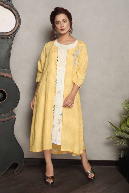 Buy_Falguni.Foram_Yellow Gingham Embroidery, Beads Round Neck, Stripe Print Jacket And Dress Set_Online_at_Aza_Fashions