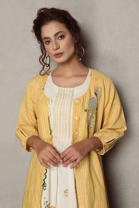 Shop_Falguni.Foram_Yellow Gingham Embroidery, Beads Round Neck, Stripe Print Jacket And Dress Set_Online_at_Aza_Fashions
