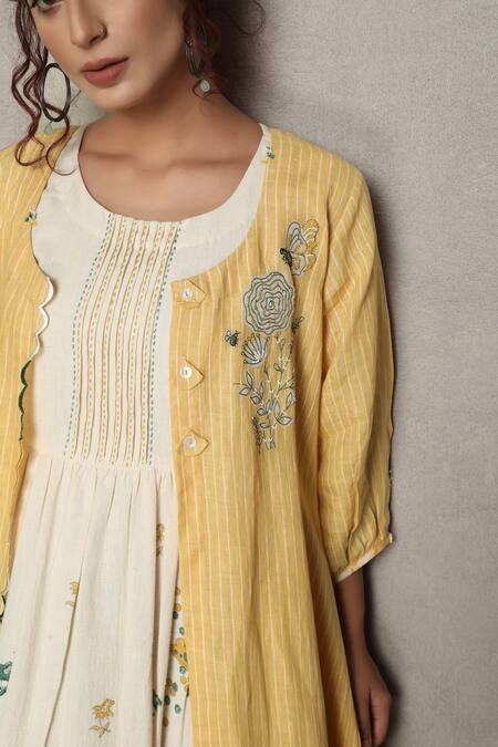 Falguni.Foram_Yellow Gingham Embroidery, Beads Round Neck, Stripe Print Jacket And Dress Set_at_Aza_Fashions