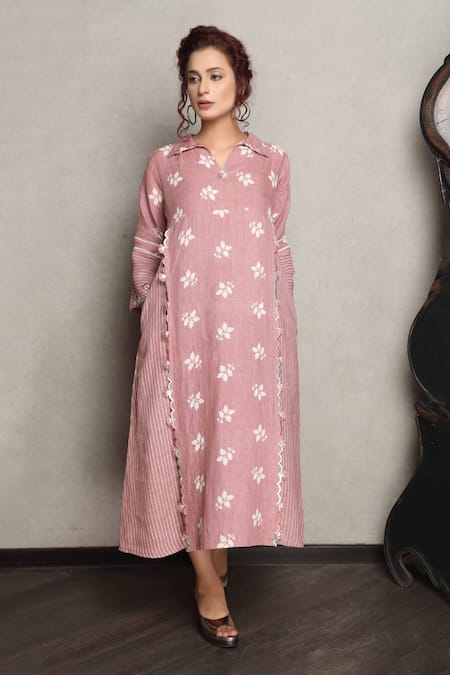 Falguni.Foram_Wine Gingham, Linen Collared Leaf Print Midi Dress _Online_at_Aza_Fashions